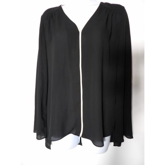 Catherine Malandrino Blouse Medium Black Hi Lo White Trim Career Office Flowy - Picture 1 of 11